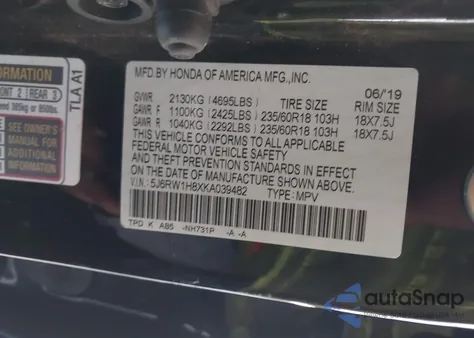 2019 Honda Cr-V Ex-L z USA, uszkodzony, nr VIN 5J6RW1H8XKA039482